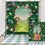 Toile de fond pour photographie de th au pays des merveilles avec feuilles vertes, rose, chapeau magique, ...