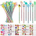 Trahoo - 60 set - 30 crayons de bois enfant et 30 gommettes enfants 3d autocollant enfants et crayons ...