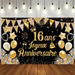 Trahoo - banderole joyeux anniversaire 16 ans or - toile de fond 1. 1 x 1. 8m pour fte d'anniversaire ...