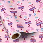 Trahoo - rouleau de papier cadeau d'anniversaire pour filles, mini rouleau, motif gteau et bougies rose, ...