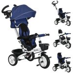 Tricycle enfant evolutif pliable pare - soleil canne t�lescopique amovible si�ge r�versible bleu