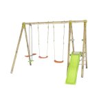 Trigano portique bois avec 2 balanoires + 1 plateforme avec toboggan + 1 sige face a face tutti - j ...