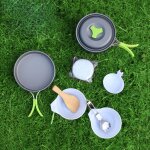 Ustensiles de cuisine de camping, ensemble de casseroles et poles avec fourchettes, couteaux, cuillres, ...