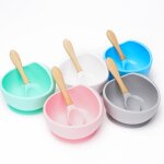 Vaisselle en silicone pour b�b�, assiette a manger, bol avec cuill�re en bois, fixation par ventouse, ...