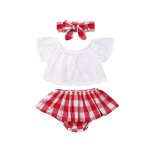 Vtements pour bbs filles de 0 a 24 mois, haut a epaules dnudes, robe courte a carreaux avec bandeau, ...