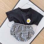 Vtements d't pour bbs filles, t shirt a manches courtes, short a carreaux, tournesol smiley, confortable, ...