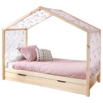Vipack dallas lit zh 90x200cm naturel + tente textile papillon + lit gigogne