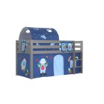 Vipack lit enfant surlev pino 90x200cm gris + astro rideau + tunnel + pochettes de lit