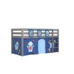 Vipack lit enfant surlev pino 90x200cm gris + rideau de et et 3 pochettes astro