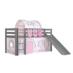 Vipack lit enfant surlev avec toboggan gris + rideau et tunnel de lit + 3 pochettes birdy