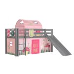 Vipack lit enfant surlev avec toboggan gris + rideau et tunnel de lit + 3 pochettes spring