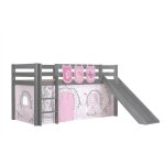 Vipack lit enfant surlev avec toboggan pino 90x200cm gris + rideau de lit et 3 pochettes birdy