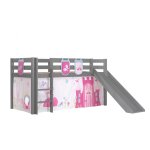 Vipack lit enfant surlev avec toboggan pino 90x200cm gris + rideau et 3 pochettes little princess