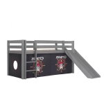 Vipack lit enfant surlev avec toboggan pino 90x200cm gris + rideau de lit pirates