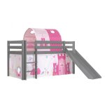 Vipack lit enfant surlev avec toboggan pino 90x200cm gris + rideau + tunnel de lit princess