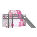 Vipack lit enfant surlev avec toboggan pino gris + rideau + tunnel de lit + 3 pochettes princess