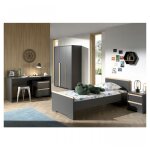 Vipack london anthracite lit + chevet 2 tiroirs + armoire 3 portes + bureau + caisson de bureau