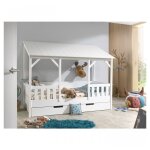Vipack malia lit cabane 90x200 avec toit blanc + lit gigogne