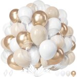 White and champagne gold balloons, 50 pieces sand vintage white matte transparent balloon with ribbon ...