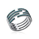 Bague 4 anneaux femme - argent massif 925 rhodié - zircons et pierres turquoise Bague 4 anneaux femme - argent massif 925 rhodié - zircons et pierres turquoise