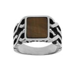 Bague acier plateau oeil de tigre imitation
