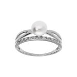 Bague argent platin crois perle de culture d'eau douce et 1 rail oxydes blancs sertis