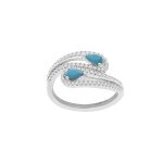 Bague argent rhodié double goutte 2 turquoises imitation et oxydes blancs sertis Bague argent rhodié double goutte 2 turquoises imitation et oxydes blancs sertis