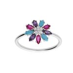 Bague argent rhodi fleur oxydes multi couleurs