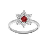 Bague argent rhodi� marguerite oxydes centre rouge et contour blancs sertis