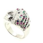Bague emeraude saphir rubis argent 925 . en forme de lion Bague emeraude saphir rubis argent 925 . en forme de lion