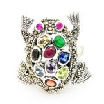 Bague peridot citrine topaze rubis . argent 925 . en forme de grenouille