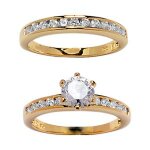 Bague plaqué or double anneau rail zirconias blancs et solitaire blanc Bague plaqué or double anneau rail zirconias blancs et solitaire blanc