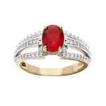 Bague plaqué or grand diamètre oxyde central rouge et 3 rails oxydes blancs sertis Bague plaqué or grand diamètre oxyde central rouge et 3 rails oxydes blancs sertis
