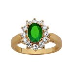 Bague plaqu or pierre centrale verte contour pierres blanches