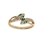 Bague plaqu or serpent double oxydes blancs et yeux oxydes verts