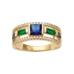 Bague plaqué or verre bleu foncé et vert contour oxydes blancs sertis Bague plaqué or verre bleu foncé et vert contour oxydes blancs sertis