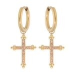 Boucles d'oreilles acier et pvd jaune croix rsine champagne et pierres champagne