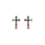 Boucles d'oreilles tige argent rhodi croix pierres multi couleurs