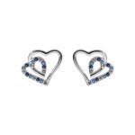Boucles d'oreilles tige argent rhodi double coeur 10mm contour oxydes bleus et blancs