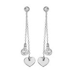 Boucles d'oreilles tige argent rhodi double pendante 1 coeur et 1 oxyde blanc serti clos