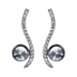 Boucles d'oreille tige argent rhodi forme vague oxydes blancs sertis avec perle d'eau douce grise