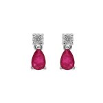 Boucles d'oreilles tige argent rhodi oxyde rond blanc serti et goutte oxyde fushia