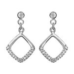 Boucles d'oreille tige argent rhodié pendantes motif carré ajouré oxydes blancs sertis Boucles d'oreille tige argent rhodié pendantes motif carré ajouré oxydes blancs sertis