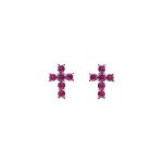 Boucles d'oreilles tige argent rhodi pendentif croix oxydes fushia