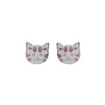 Boucles d'oreilles tige argent rhodi tte chat rsine blanc et rose