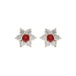 Boucles d'oreilles tige plaqu or marguerite oxydes centre rouge et contour blancs sertis