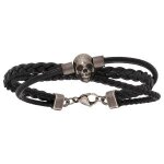 Bracelet acier cordon cuir bovin noir et tresses pu tte de mort 21cm