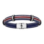 Bracelet acier et cuir bovin bleu et rouge 2 c�bles gris 20cm