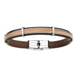 Bracelet acier et cuir bovin marron avec 2 câbles gris 20cm Bracelet acier et cuir bovin marron avec 2 câbles gris 20cm