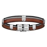 Bracelet acier et cuir bovin marron avec c�ble gris et noir 20cm